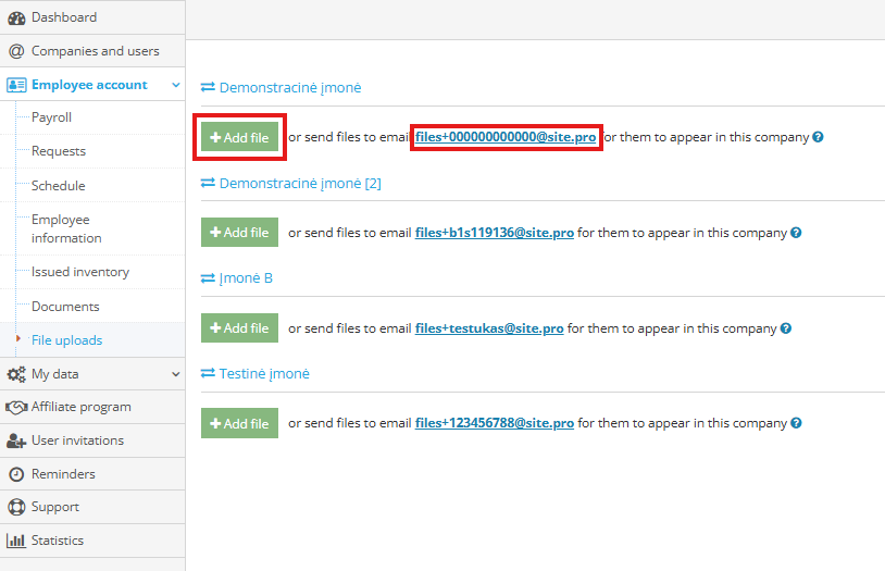 File upload in company file storage interface
